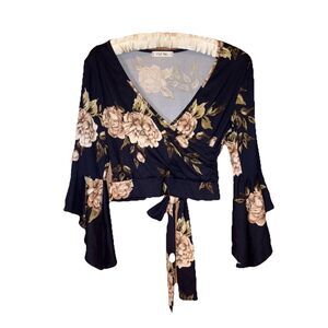 Cle Luv Juniors Blue Floral Faux Wrap Crop Top Bell Sleeves Size M